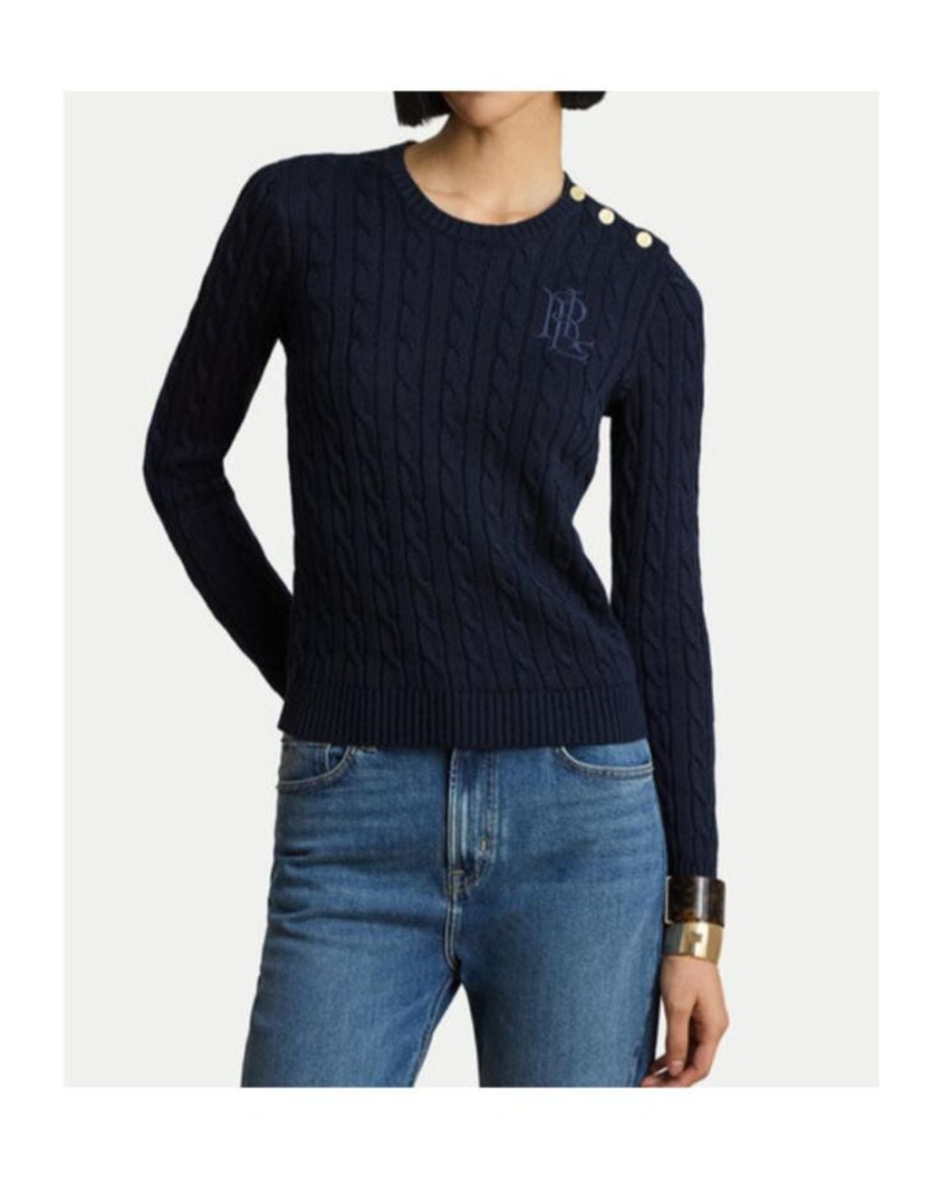 Ralph Lauren Blue Button-Trim Cable Knit Jumper