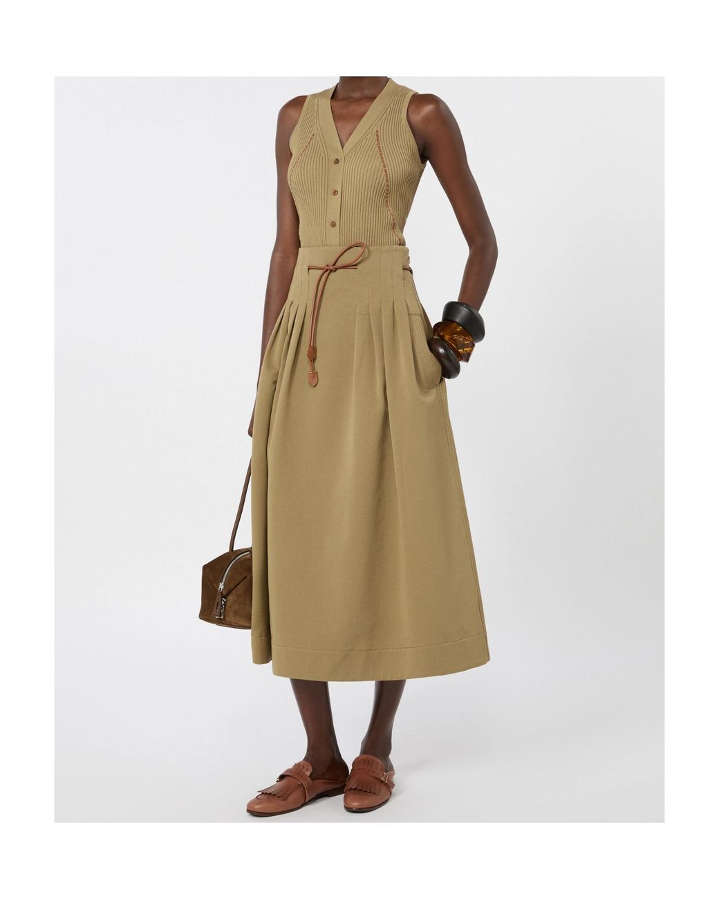Max Mara Natural Cotton Pleated Midi Skirt