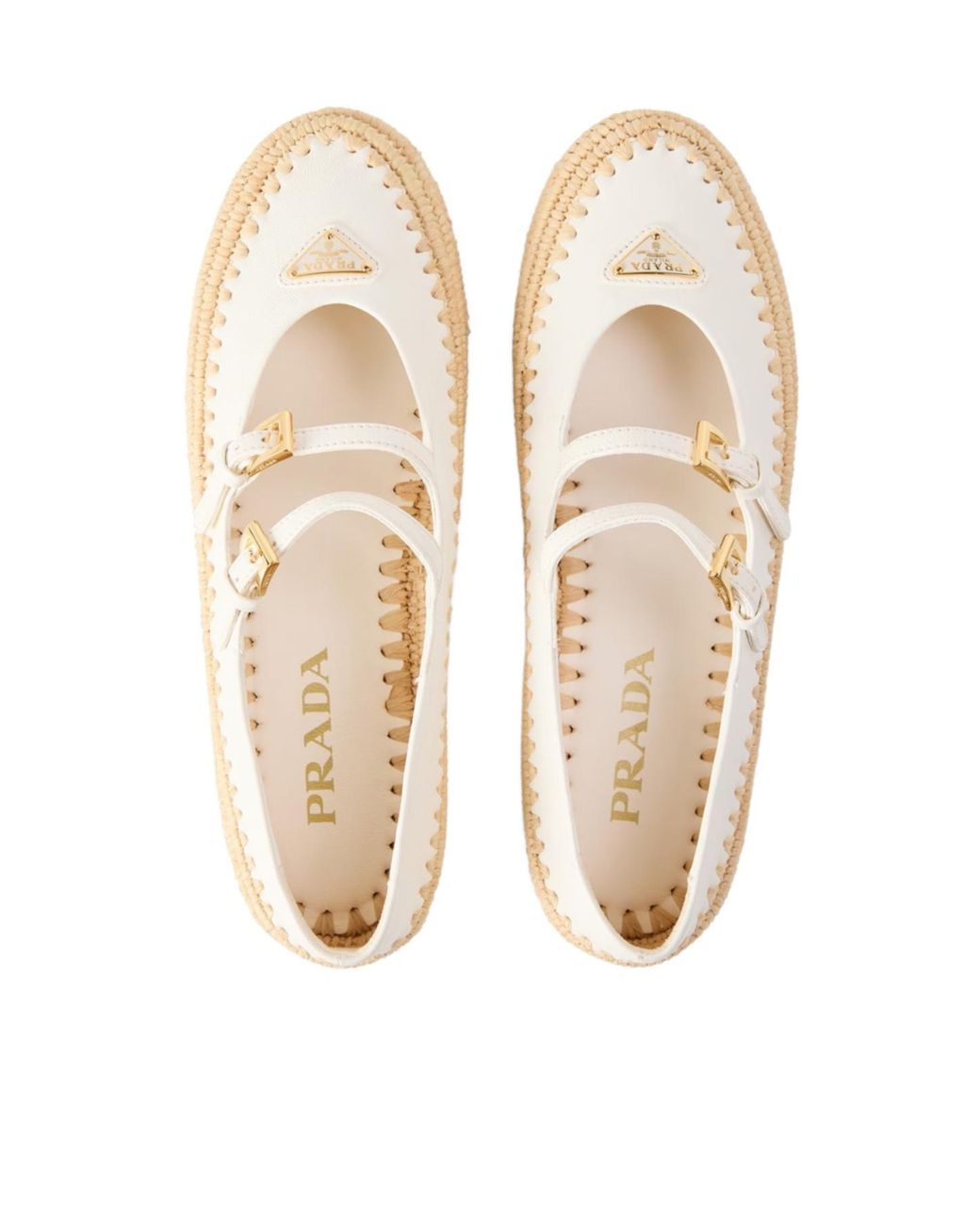Prada Natural Nappa Leather And Raffia Ballerinas