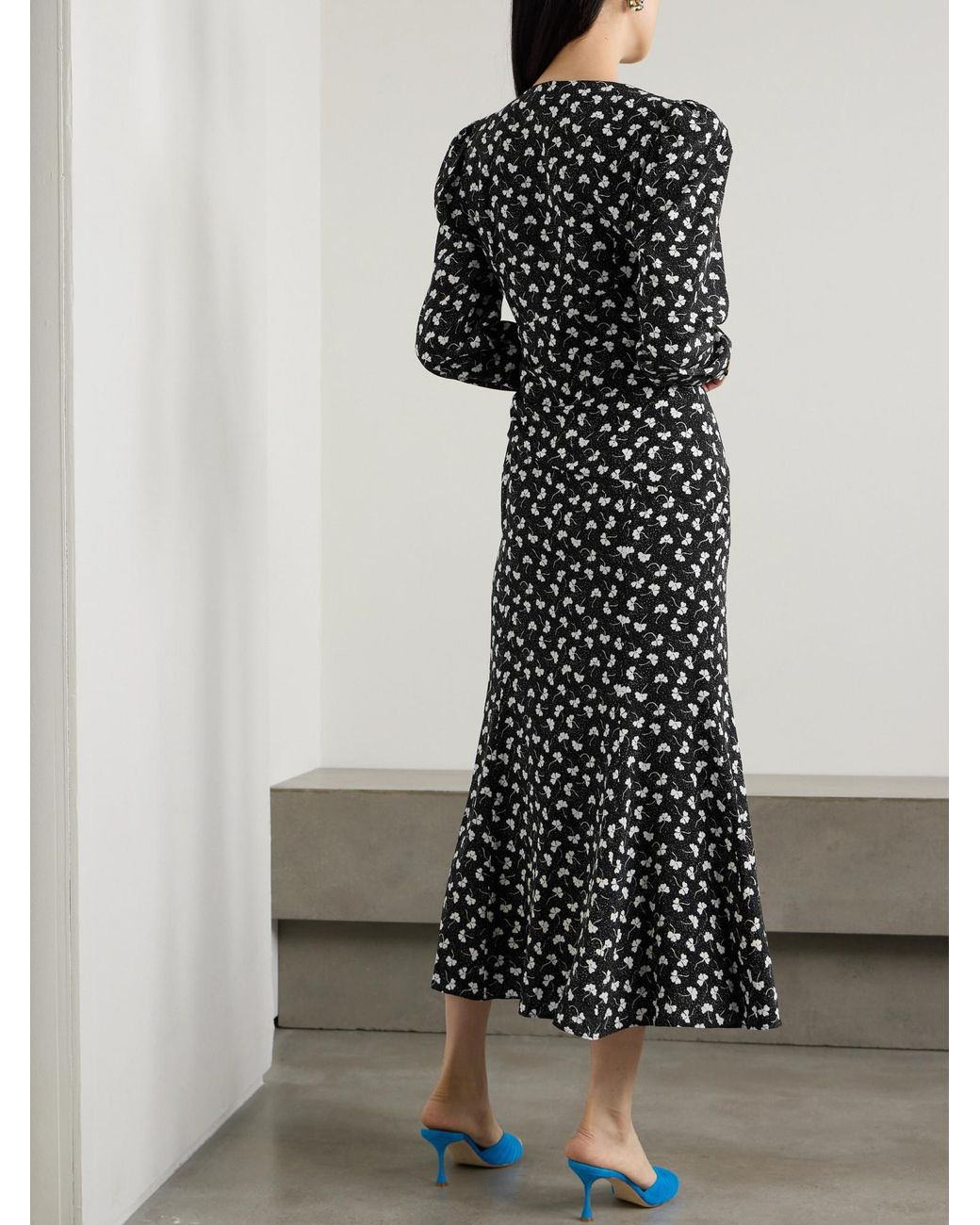 Alessandra Rich Black Clover Wrap-Effect Floral-Print Silk-Crepe Midi Dress