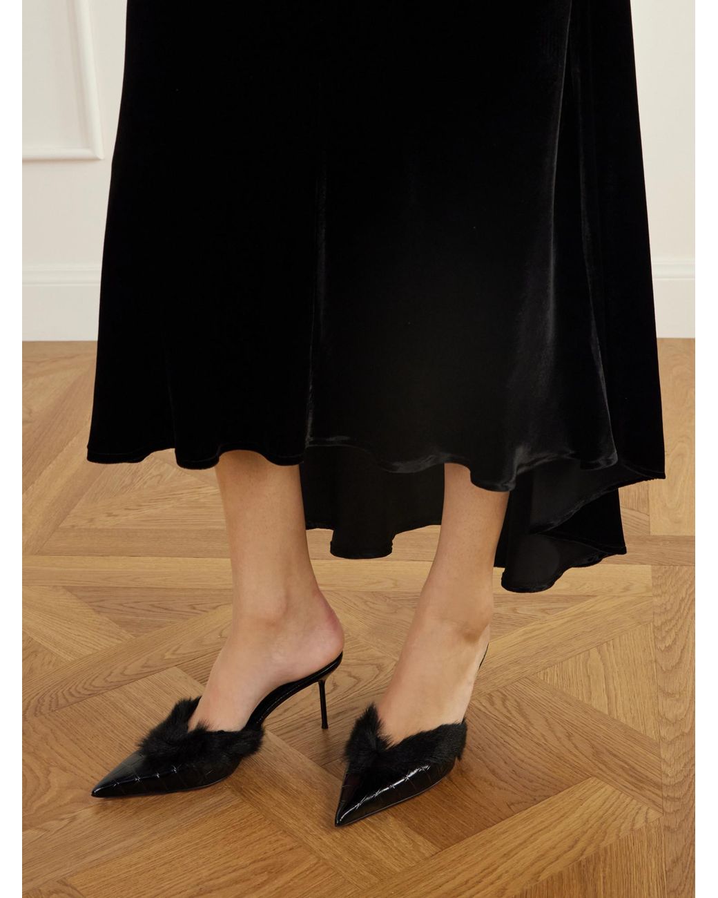 Paris Texas Black Plush-Trimmed Croc-Effect Leather Pumps