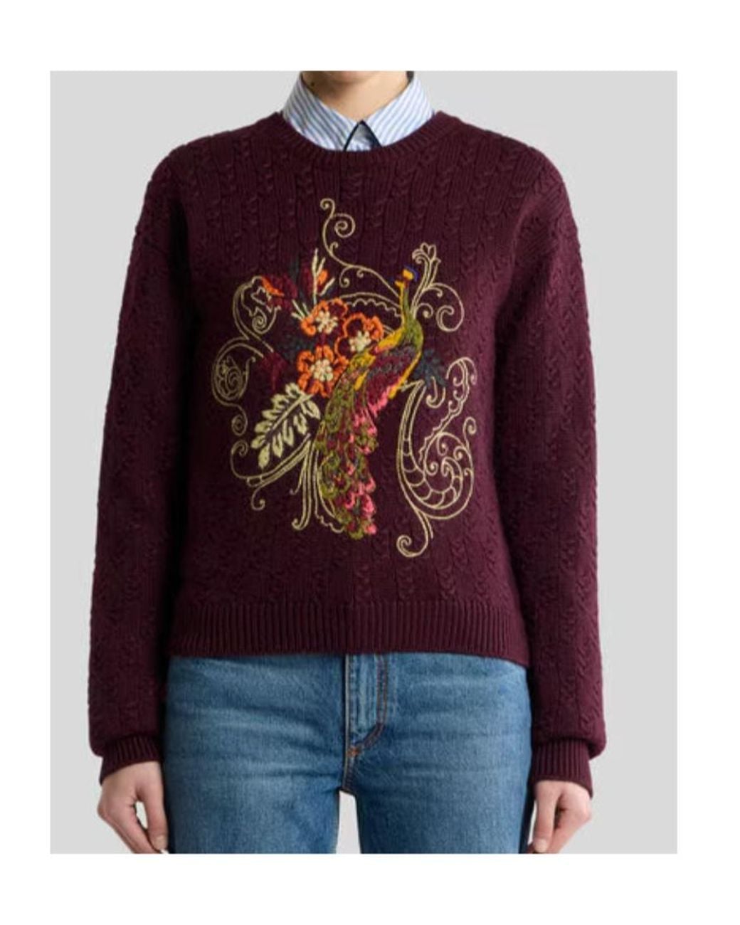 Etro Purple Cropped Cable-Knit Cashmere-Blend Sweater With Peacock Embroidery
