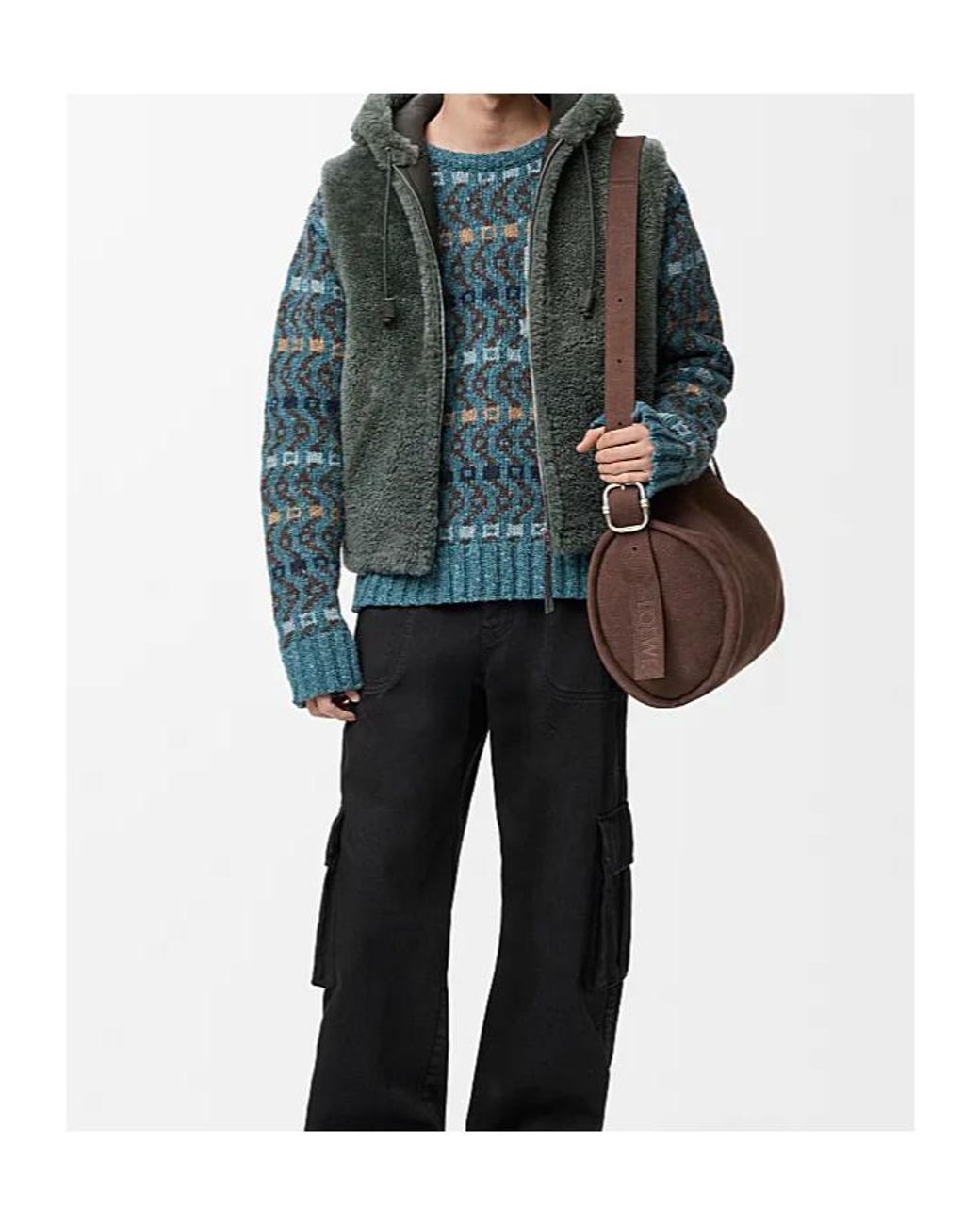 Loewe Green Shearling Hooded Zip-Up Vest for men