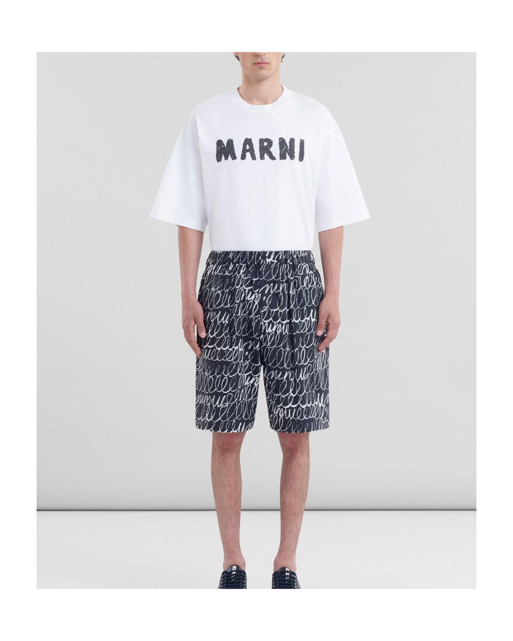 Marni Blue Scribble Motif Poplin Drawstring Shorts for men
