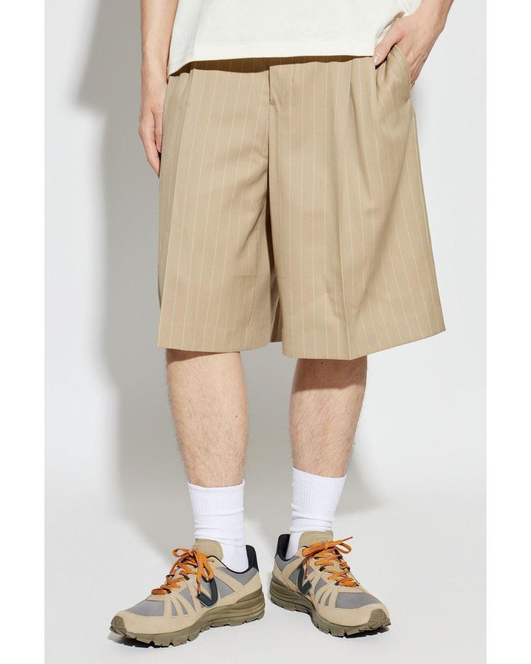 AMI Natural Ami Pinstriped Pleated Shorts for men