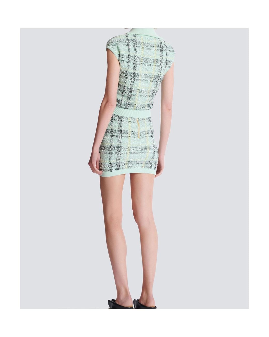 Balmain Blue Sleeveless Plaid Tweed Top
