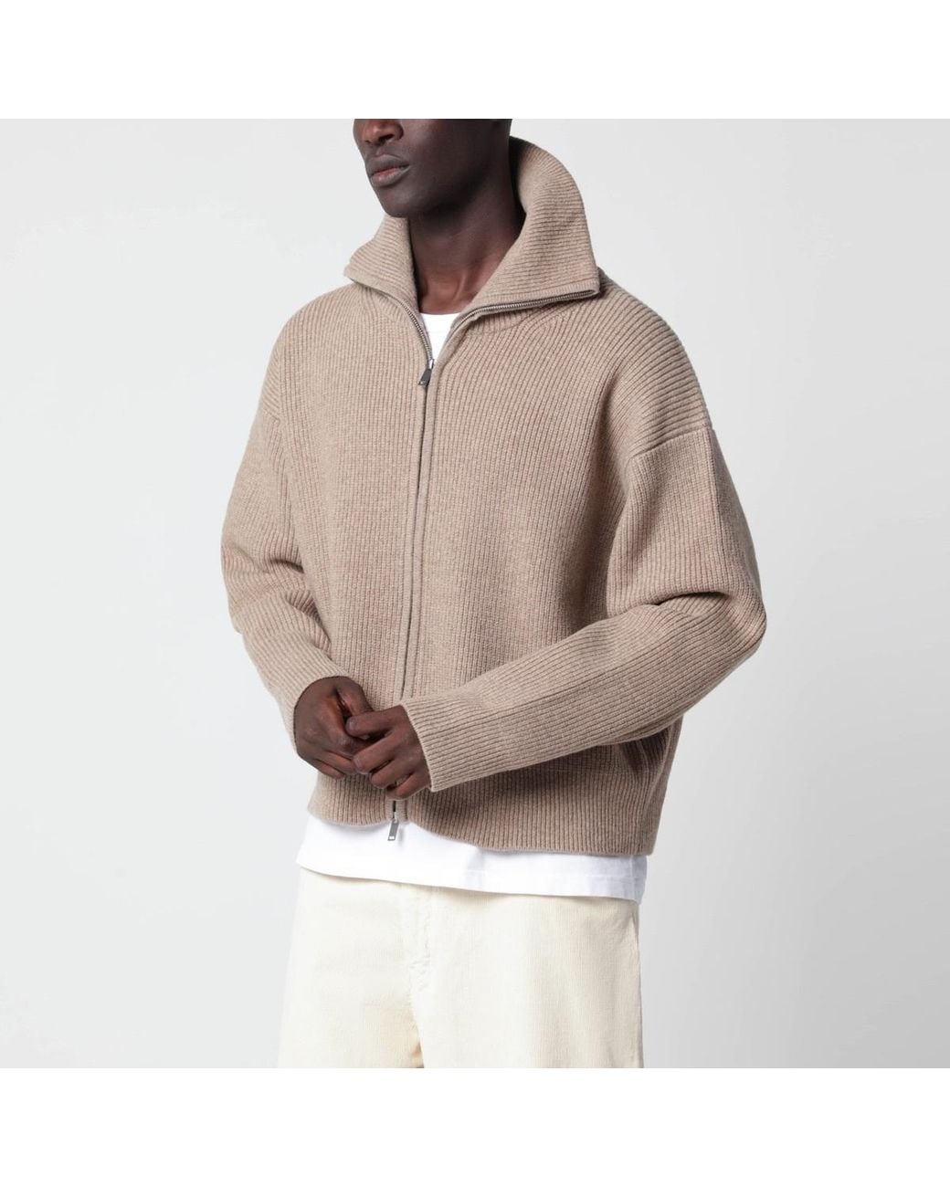 Studio Nicholson Natural Ribbed-Knit Zip-Up Cardigan for men