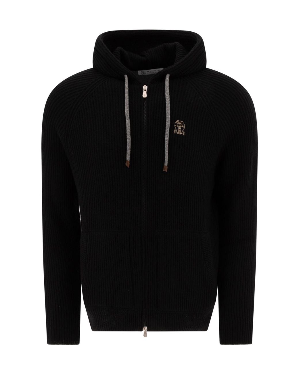 Brunello Cucinelli Blue Logo Embroidered Zipped English Rib Knit Hooded Sweatshirt for men