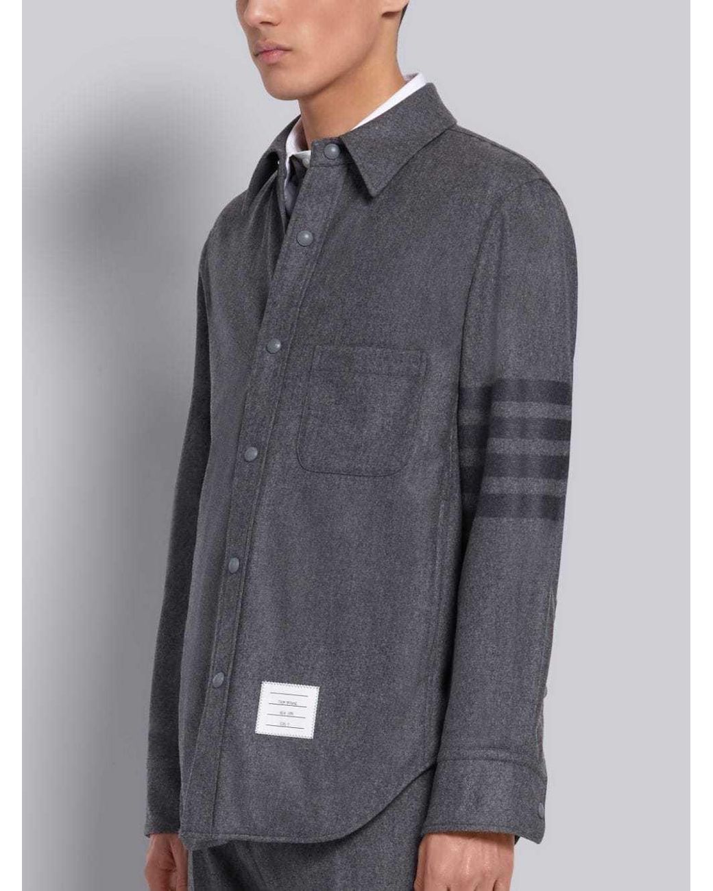 Thom Browne Gray Flannel Tonal-Bar Buttoned Shirt Jacket for men