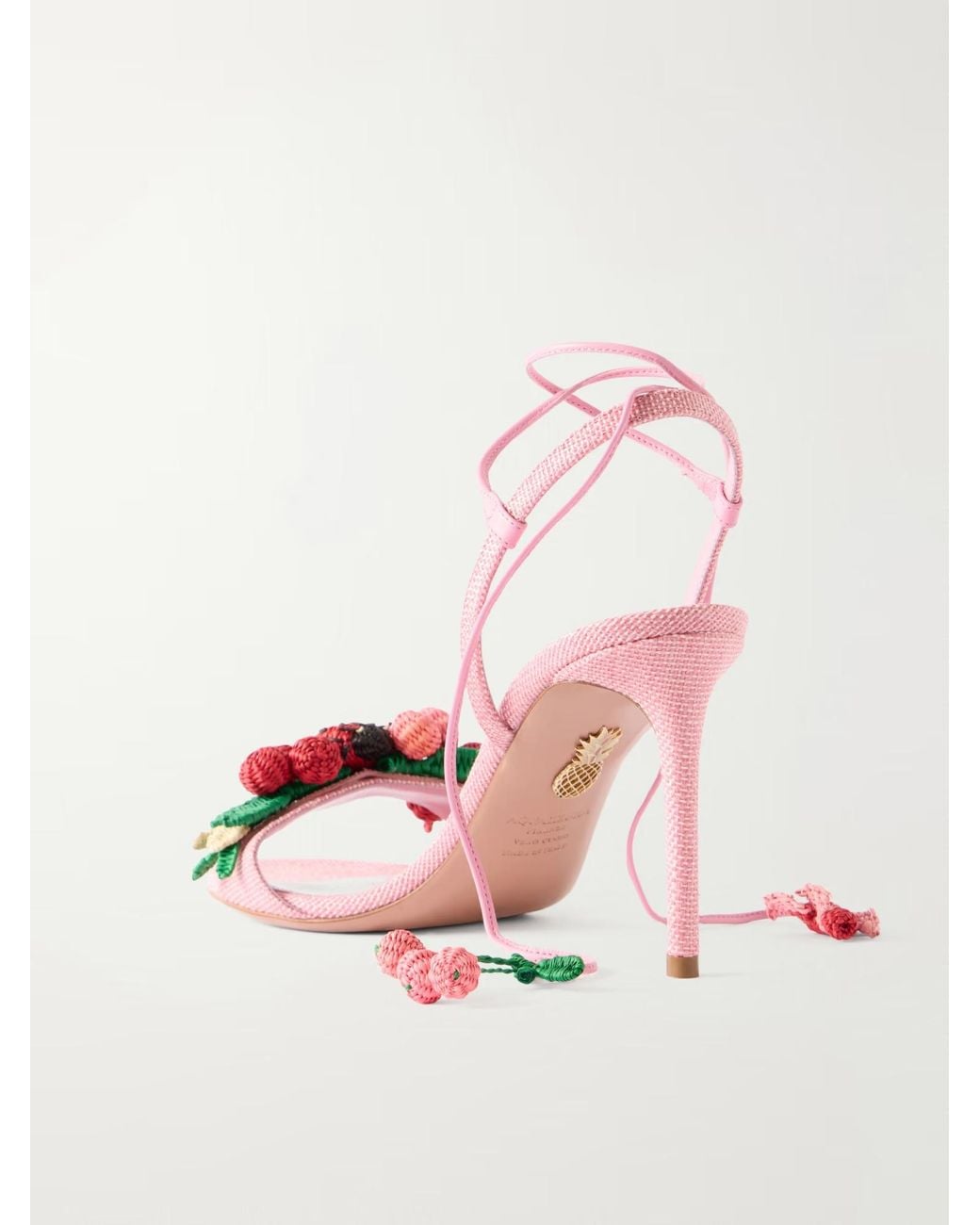 Aquazzura Pink Botanica 105 Embellished Leather And Raffia Sandals