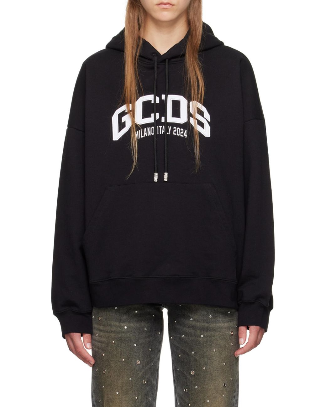 Gcds Black Lounge Logo Cotton Hoodie for men
