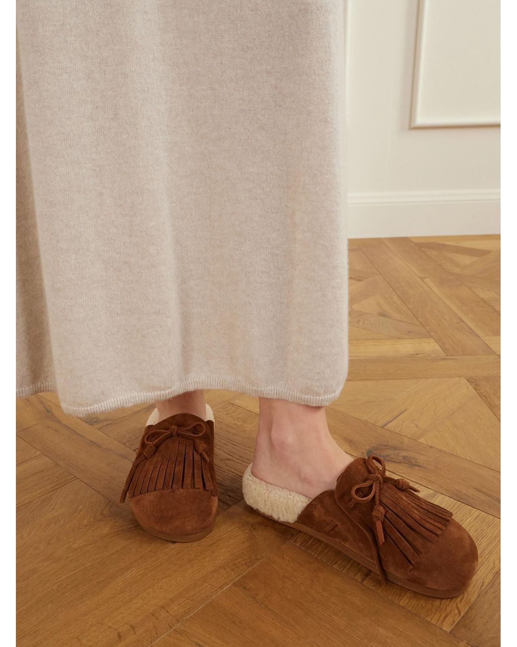 Ancient Greek Sandals Brown Tassel-Detailed Shearling-Trimmed Suede Mules