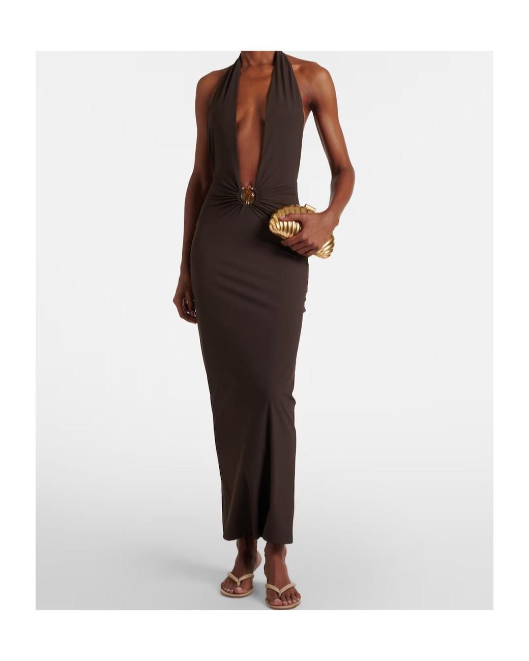 Christopher Esber Brown Embellished Halterneck Maxi Dress