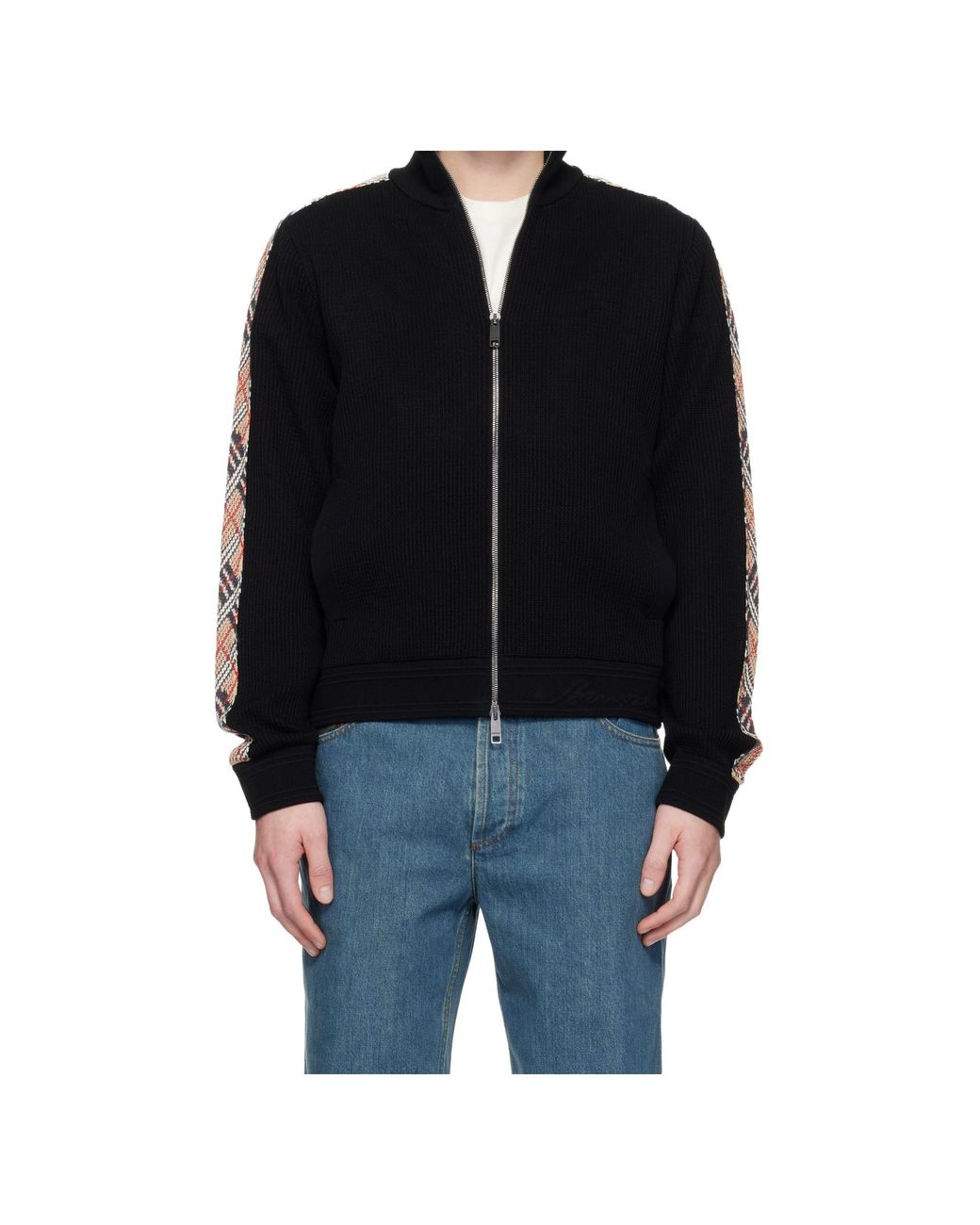 Burberry Blue Check Trim Zip-Up Sweater for men