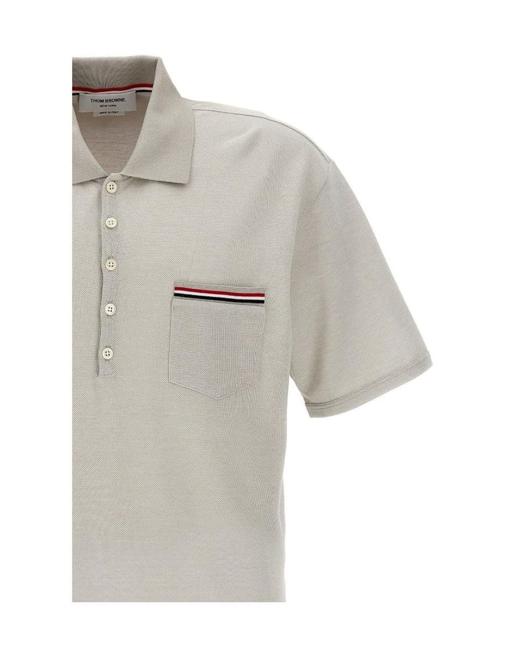 Thom Browne Gray Logo Patch Stripe-Detailed Polo Shirt for men