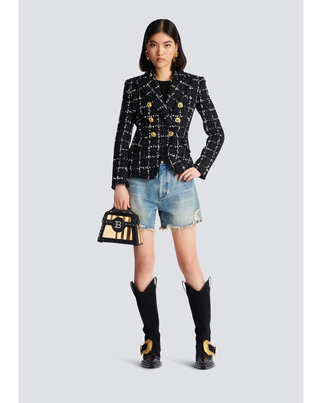 Balmain Black Check Tweed 6-Button Jacket