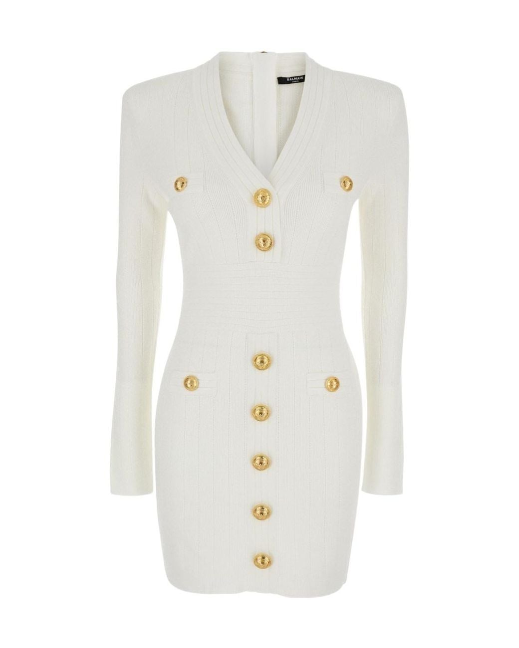 Balmain White Short Knitted Dress With Buttons