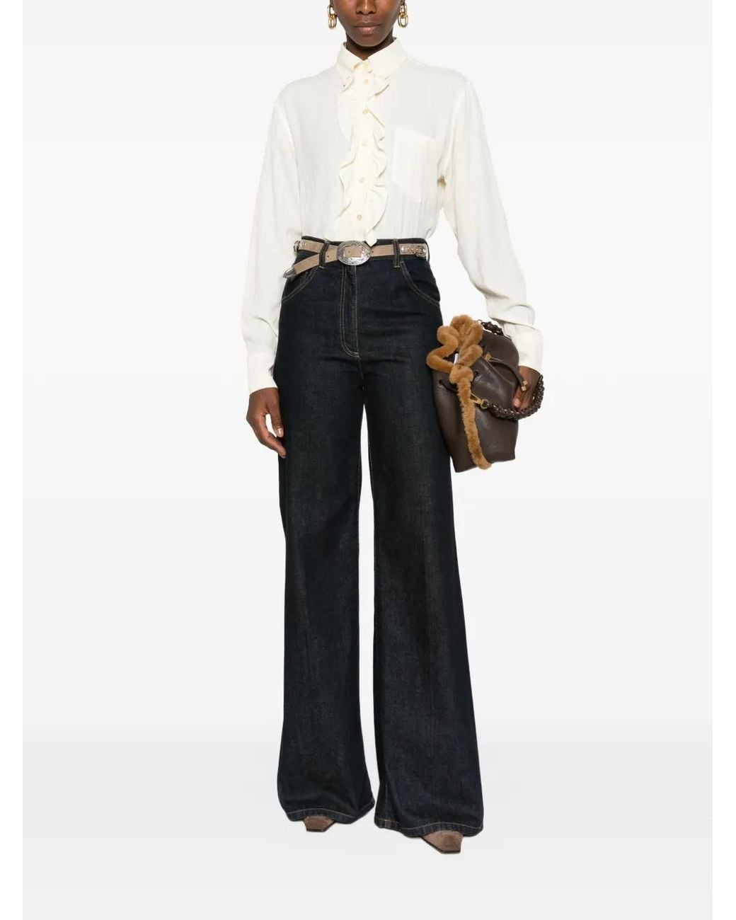 Etro White Ruffled Paisley-Jacquard Shirt