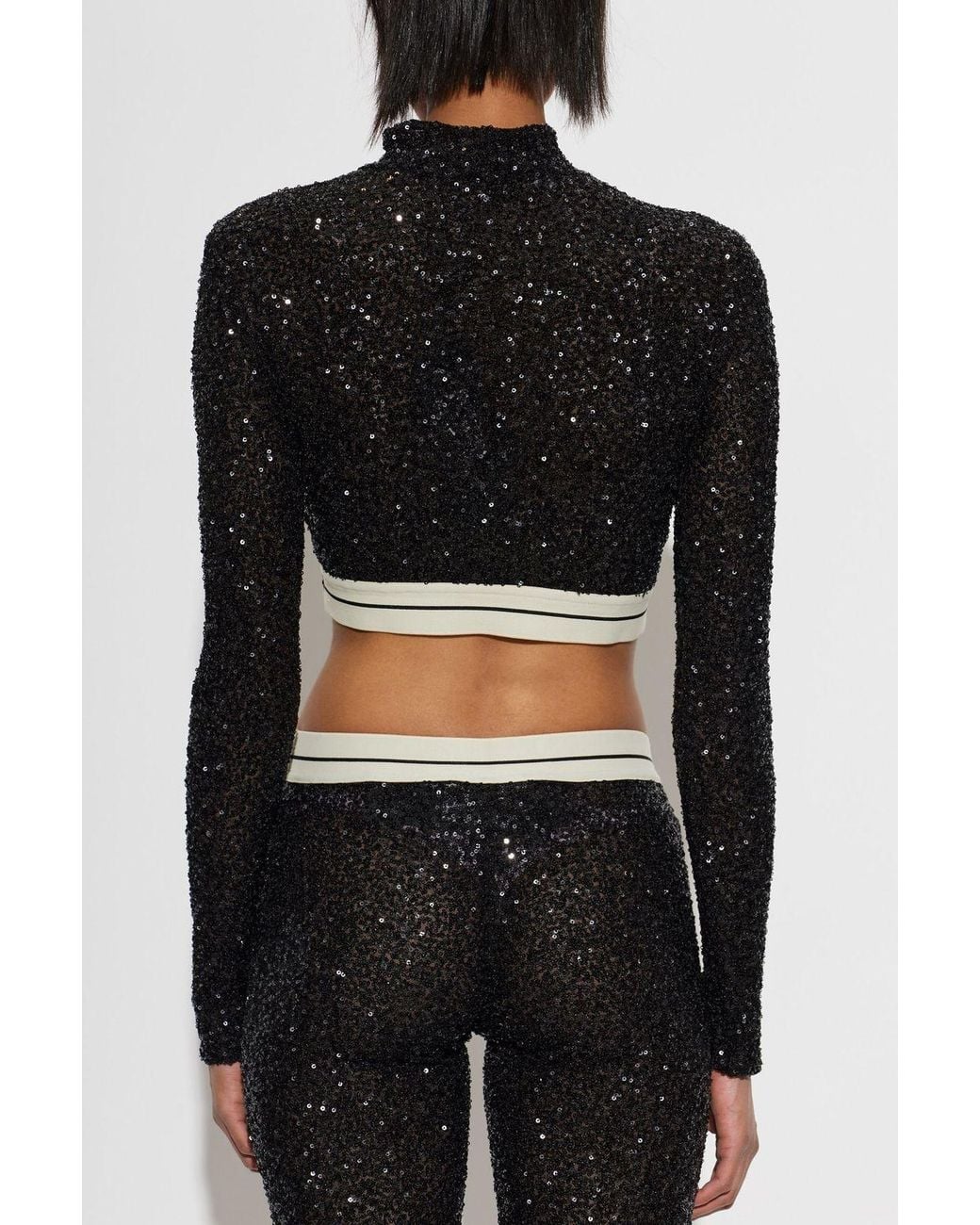 Palm Angels Black Sequined Long-Sleeve Crop Top