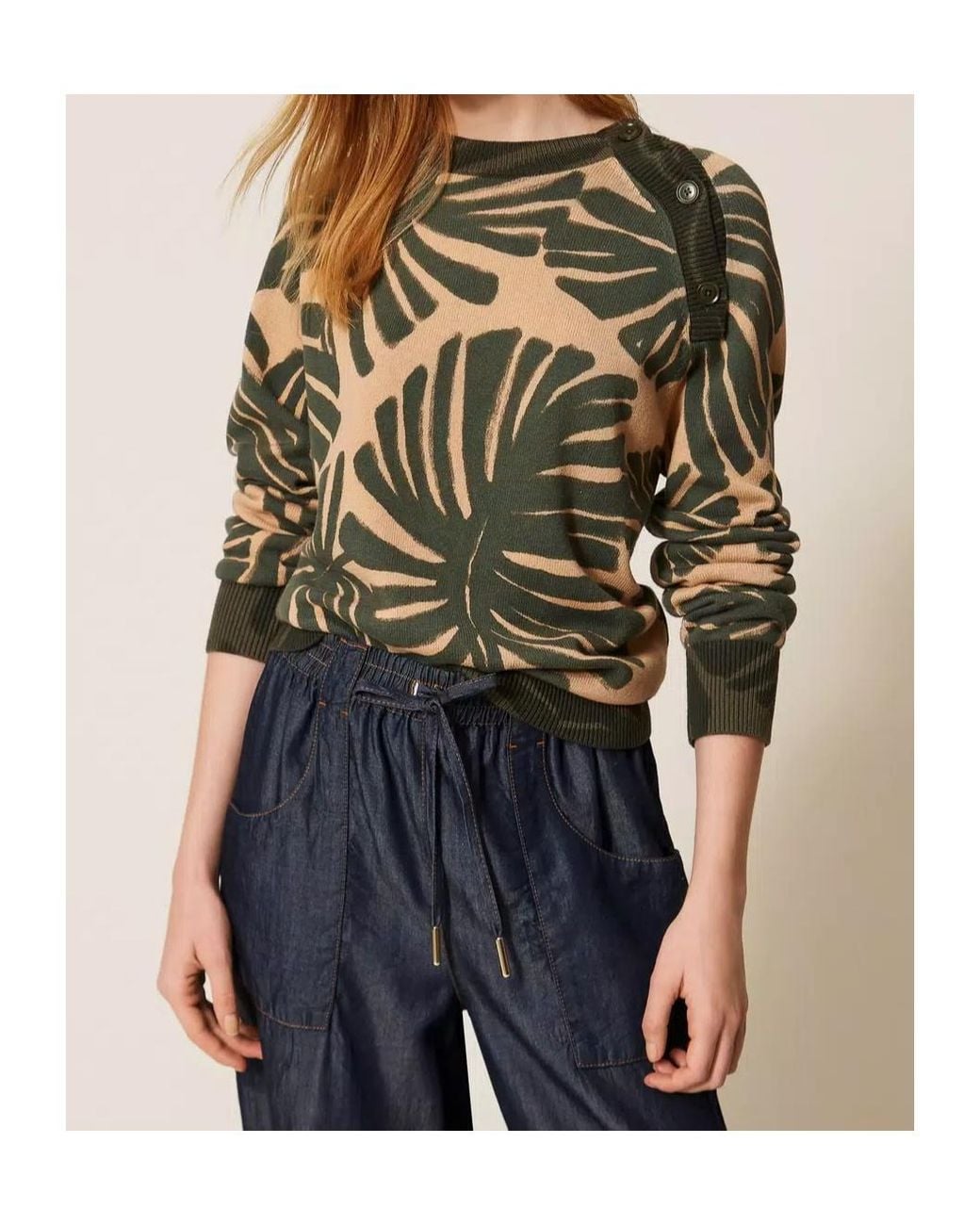Twinset Green Leaf-Print Sweater