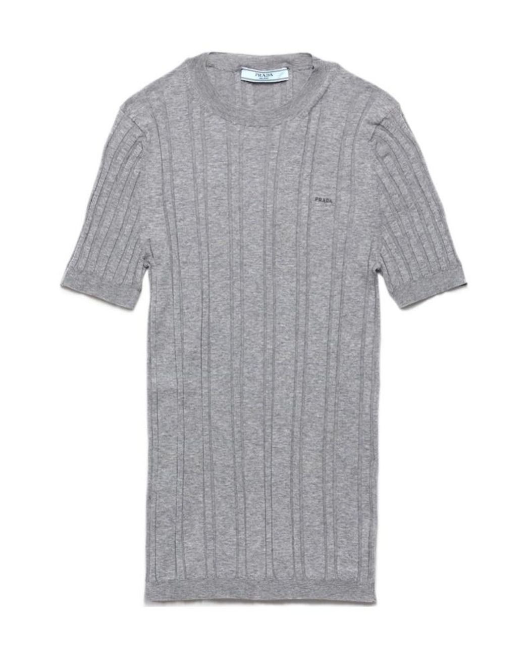 Prada Gray Short-Sleeved Ribbed Knit Cotton Sweater