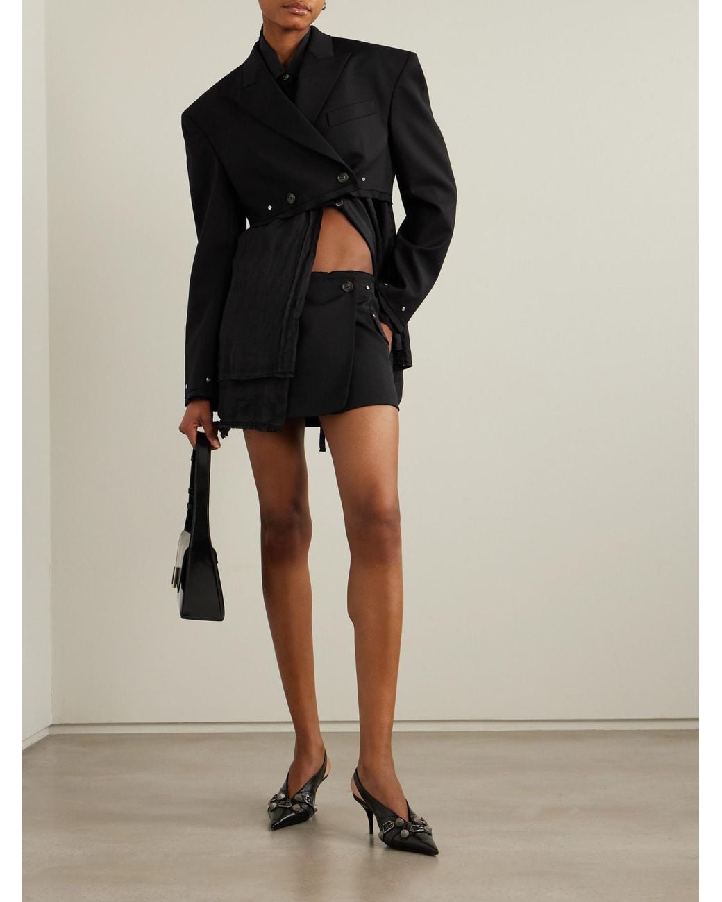 Dion Lee Black Wrap-Effect Embellished Frayed Wool-Blend Mini Skirt