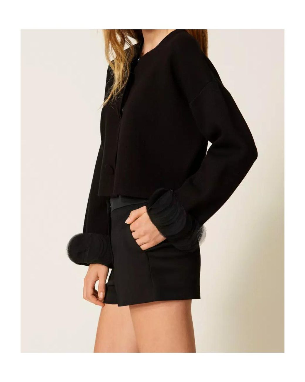 Twinset Black Organza-Cuff Knit Jacket
