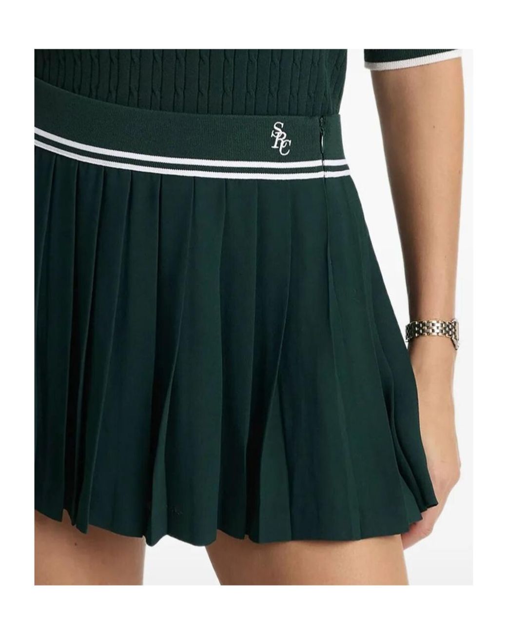 Sporty & Rich Green Pleated Logo-Embroidery Mini Skirt