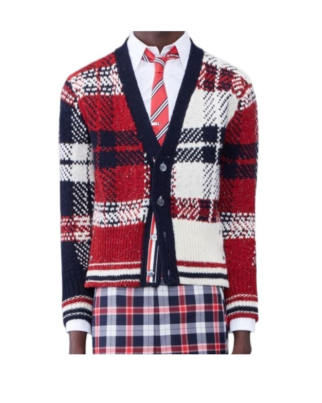 Thom Browne Blue Checkered Button-Up Knit Cardigan for men