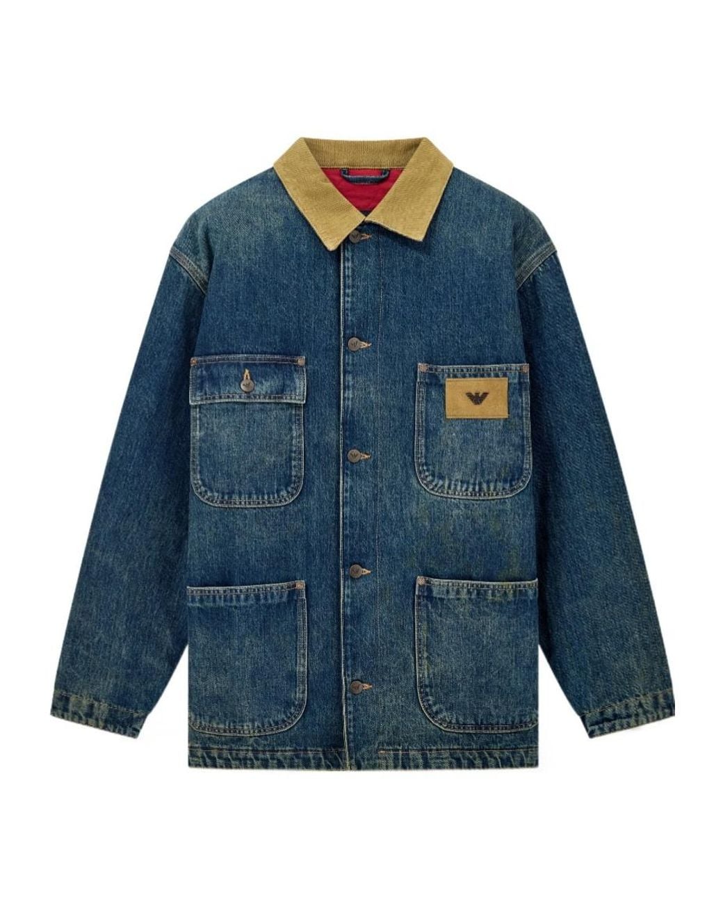 Emporio Armani Blue Cotton Denim Jacket With Corduroy Collar And Patch Pockets for men