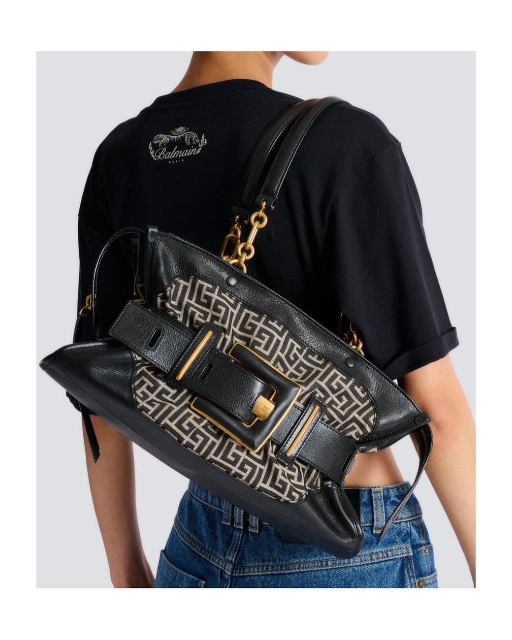 Balmain Black Leather And Monogram Jacquard Anthem Bag