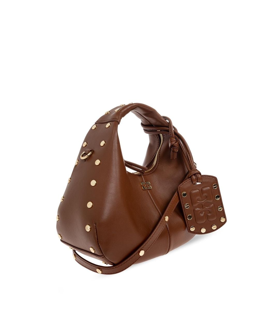 Ganni Brown Stud-Embellished Mini Hobo Bag