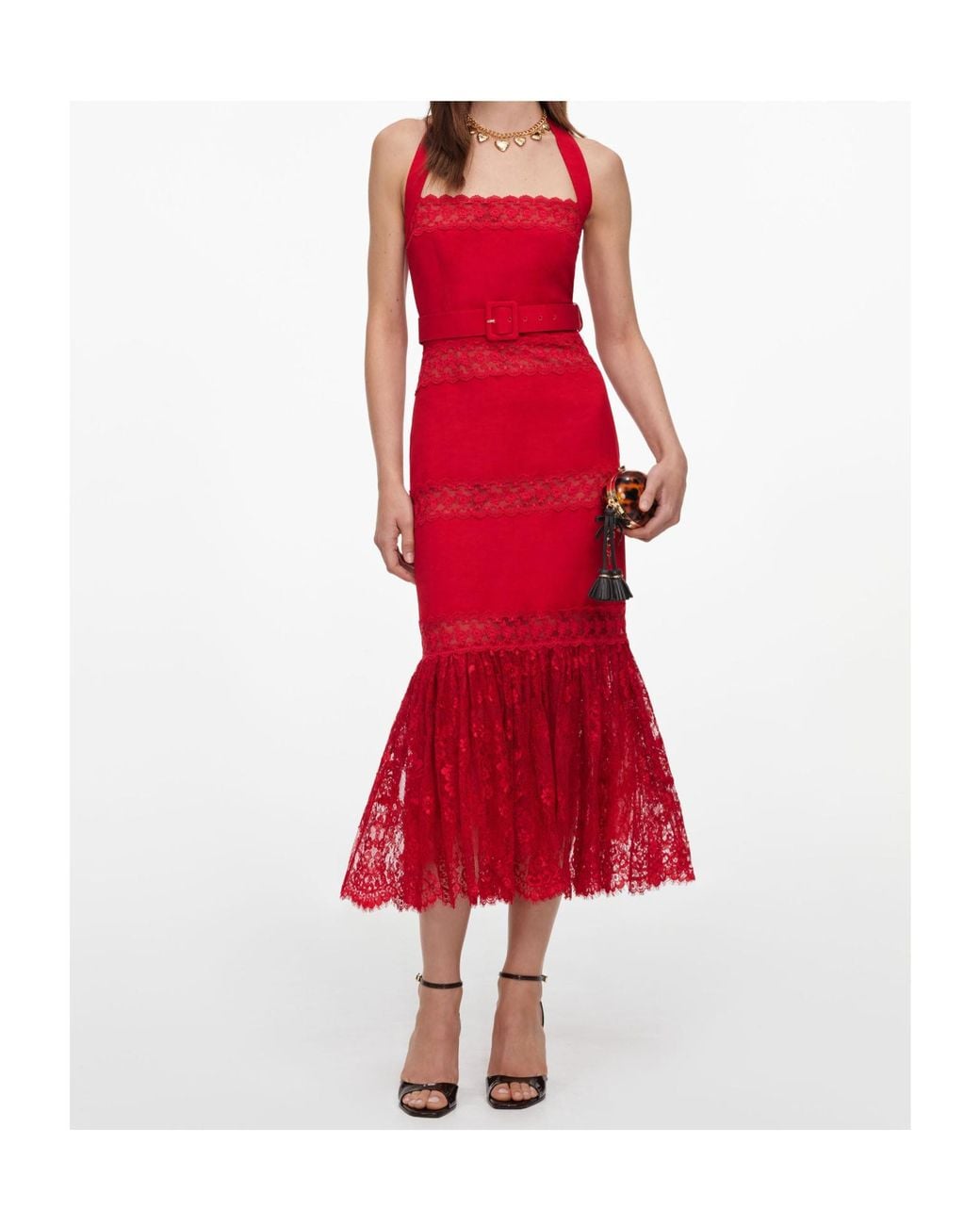 Self-Portrait Red Lace-Panelled Belted Midi Dress