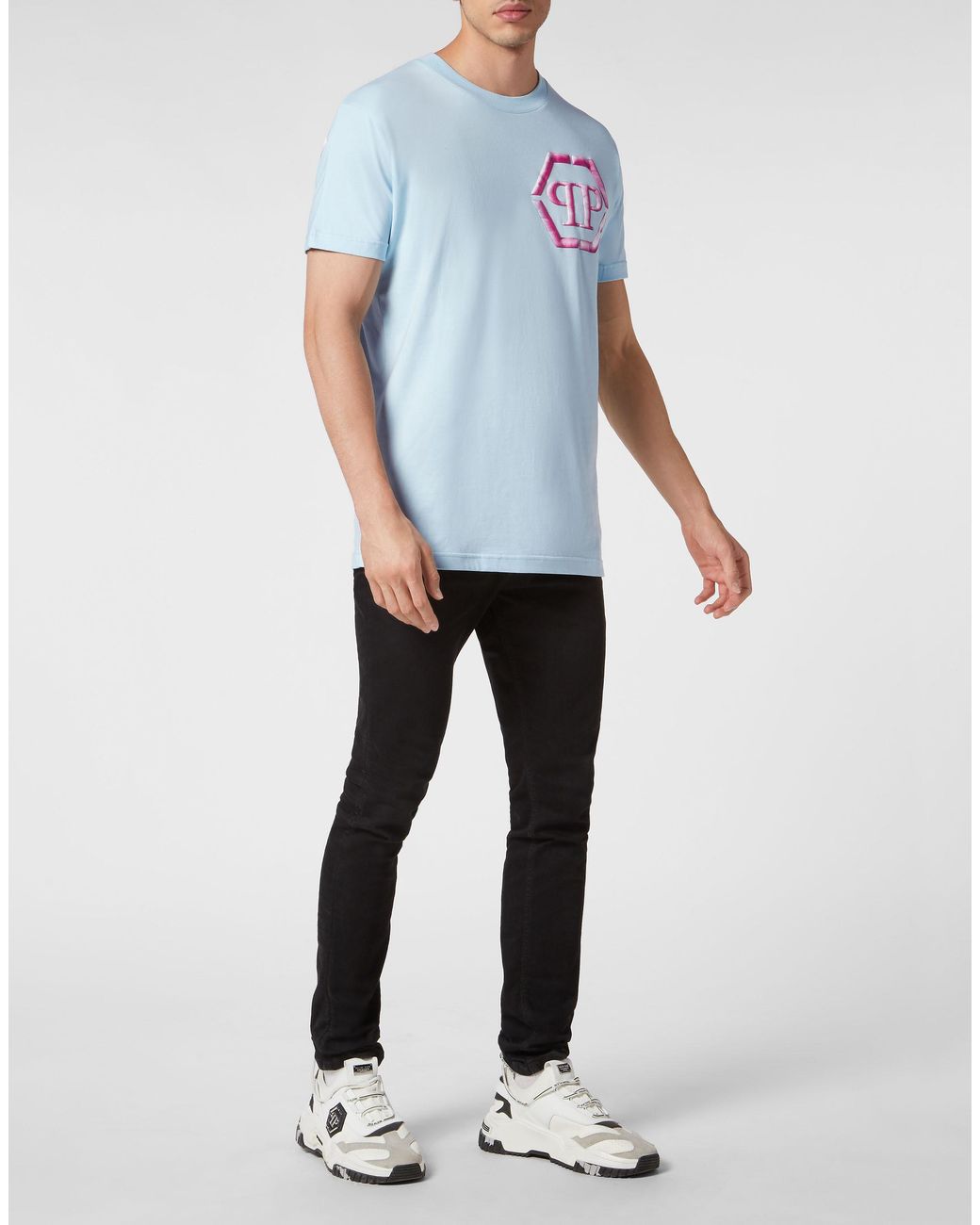 Philipp Plein Blue T-Shirt With Round Neck And Short Sleeves for men