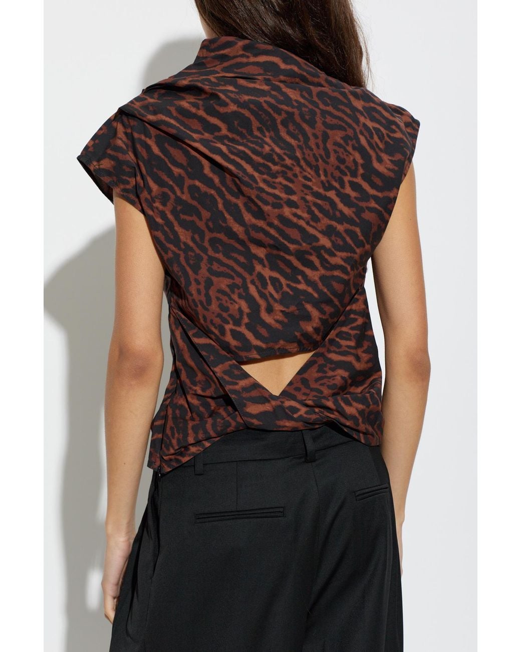 Ganni Brown Leopard-Print Draped Top