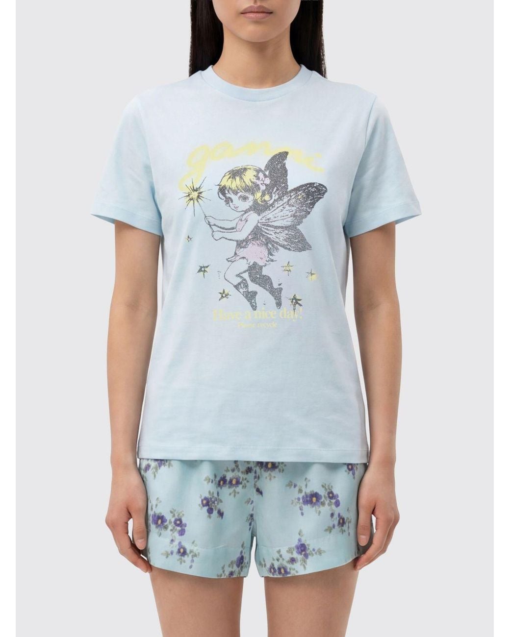 Ganni Blue Cotton T-Shirt With Fairy Graphic Print