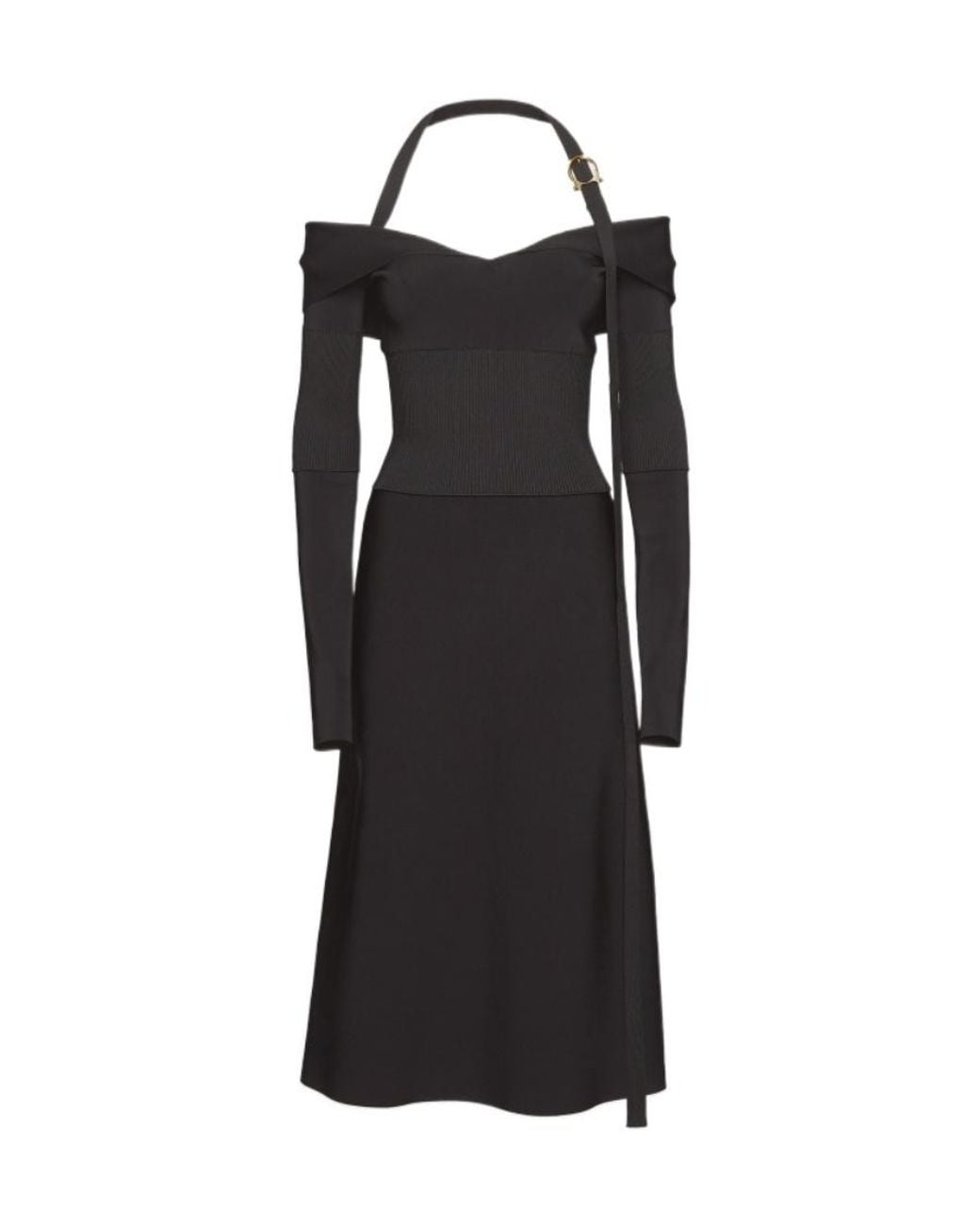 Ferragamo Black Ferragamo Off-Shoulder Long-Sleeved Midi Dress