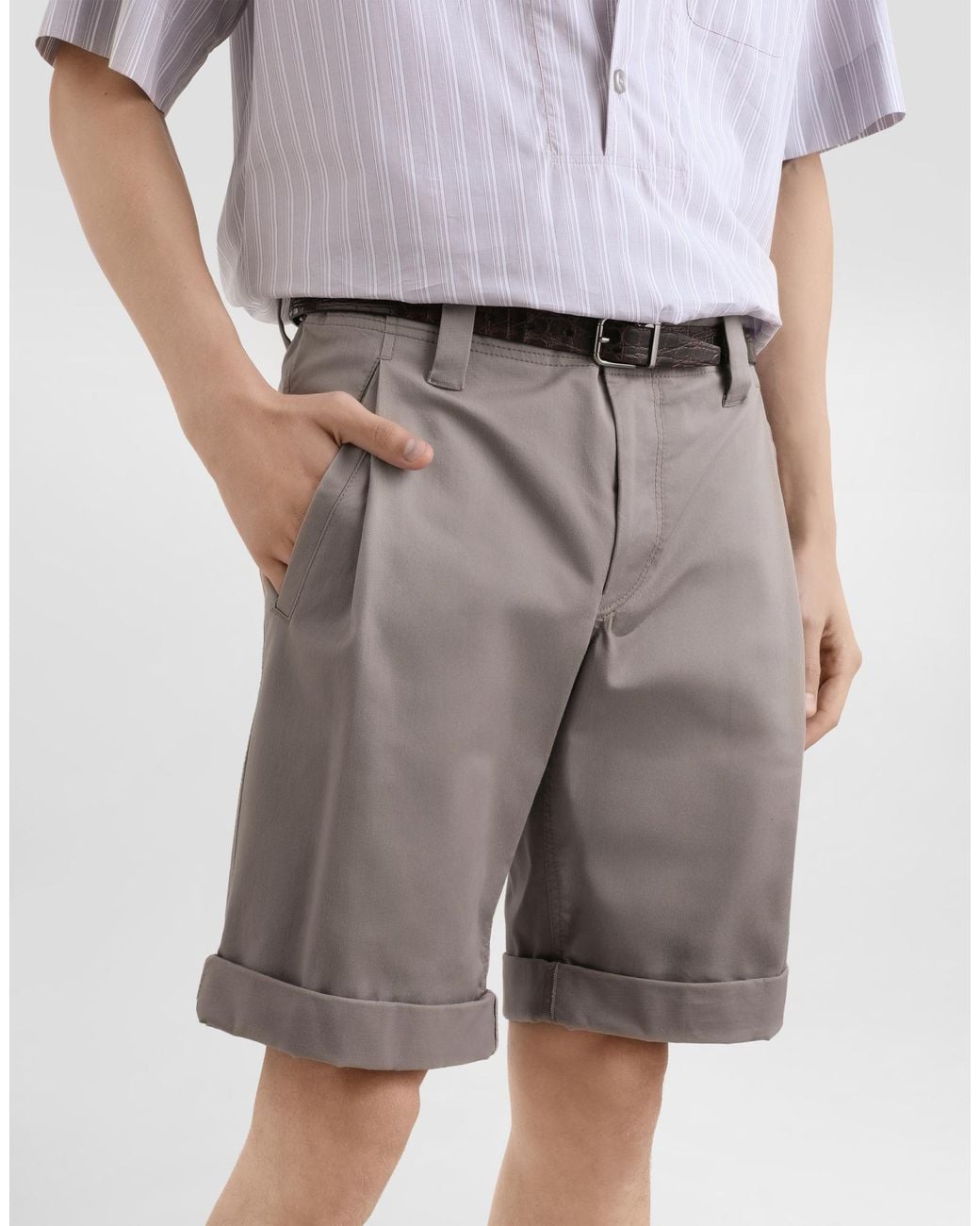 Dolce & Gabbana Gray Cuffed Topstitched Chino Shorts for men