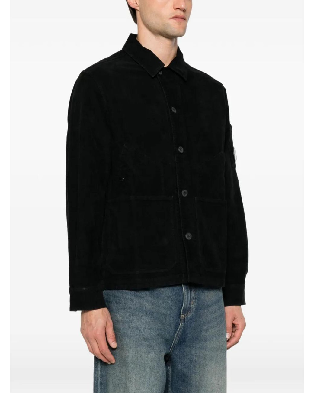 C P Company Black Corduroy Button-Front Jacket With Lens Sleeve Pocket for men