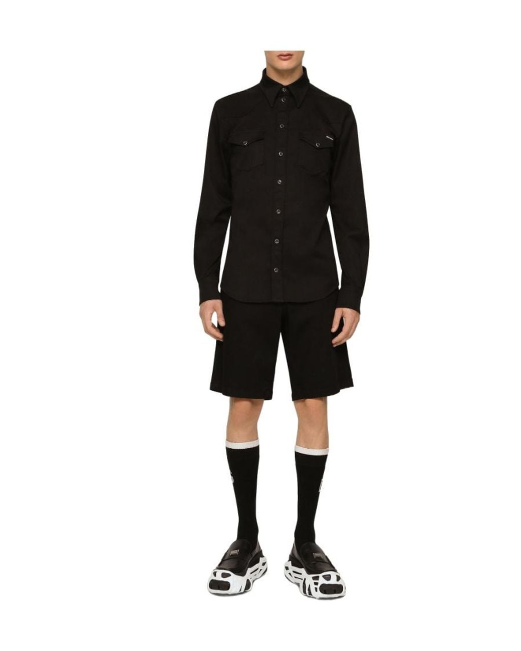 Dolce & Gabbana Black Logo-Plaque Long-Sleeved Denim Shirt for men
