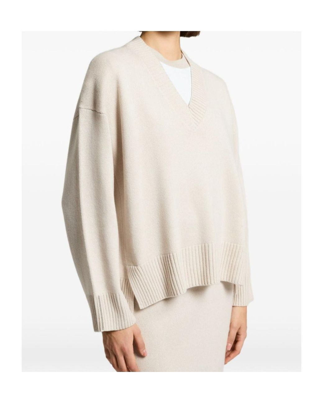 Peserico White Ribbed-Knit V-Neck Sweater