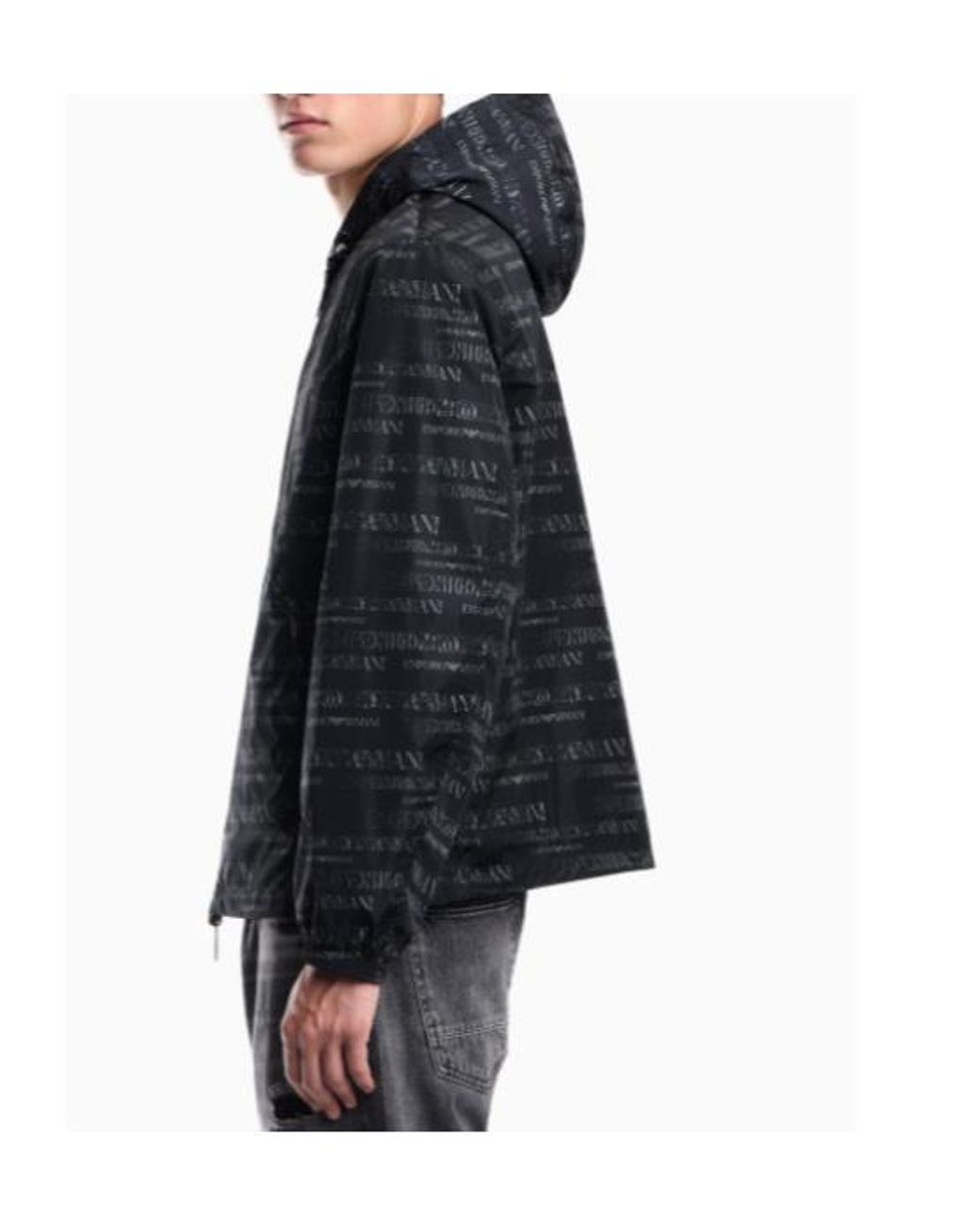 Emporio Armani Blue Hooded Blouson Jacket With A Zip And An All-Over Print for men