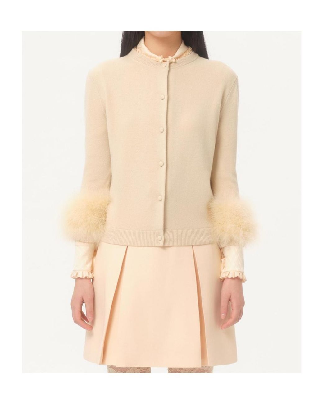 Valentino Natural Feather-Cuff Button-Up Cardigan