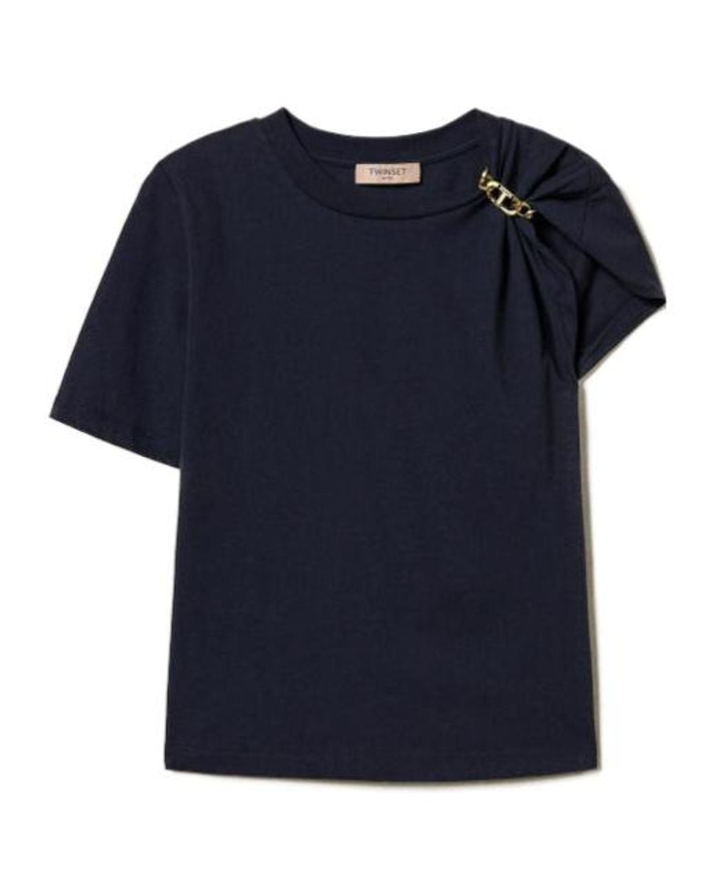 Twinset Blue One-Shoulder Logo Plaque Top