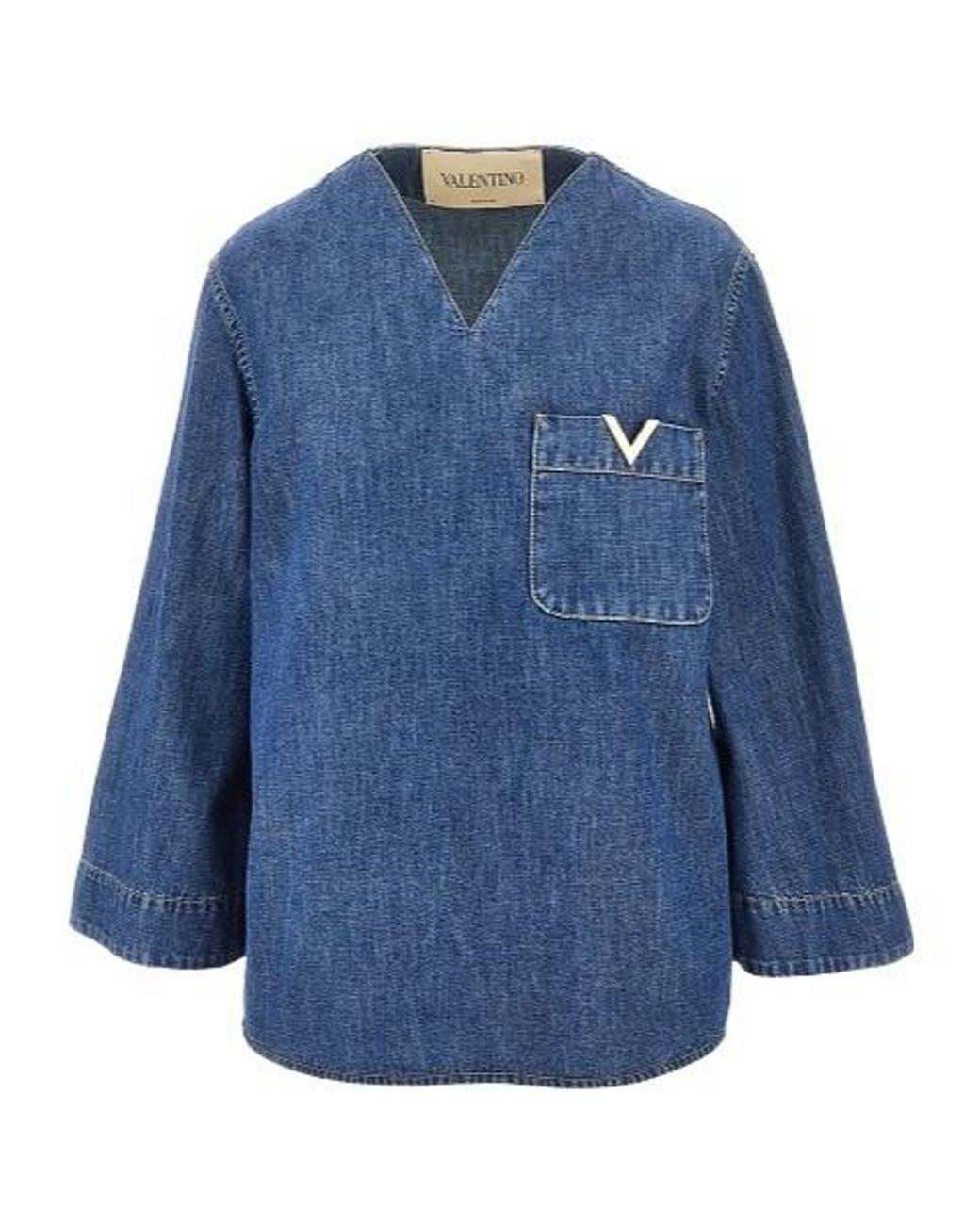 Valentino Blue Logo Plaque V-Neck Denim Blouse