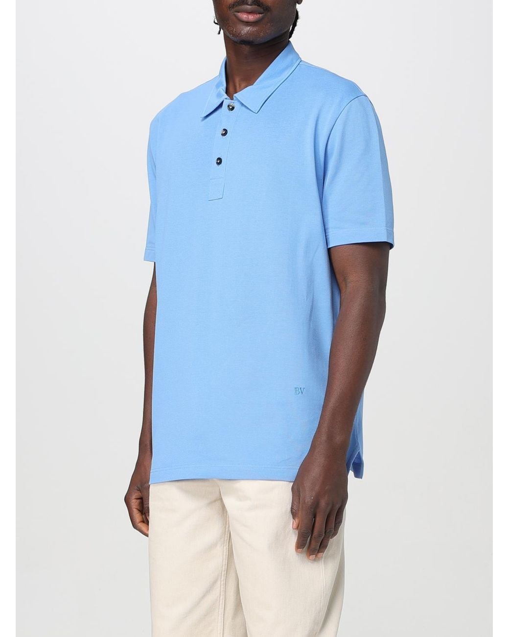 Bottega Veneta Blue Logo Embroidered Short Sleeved Polo Shirt for men