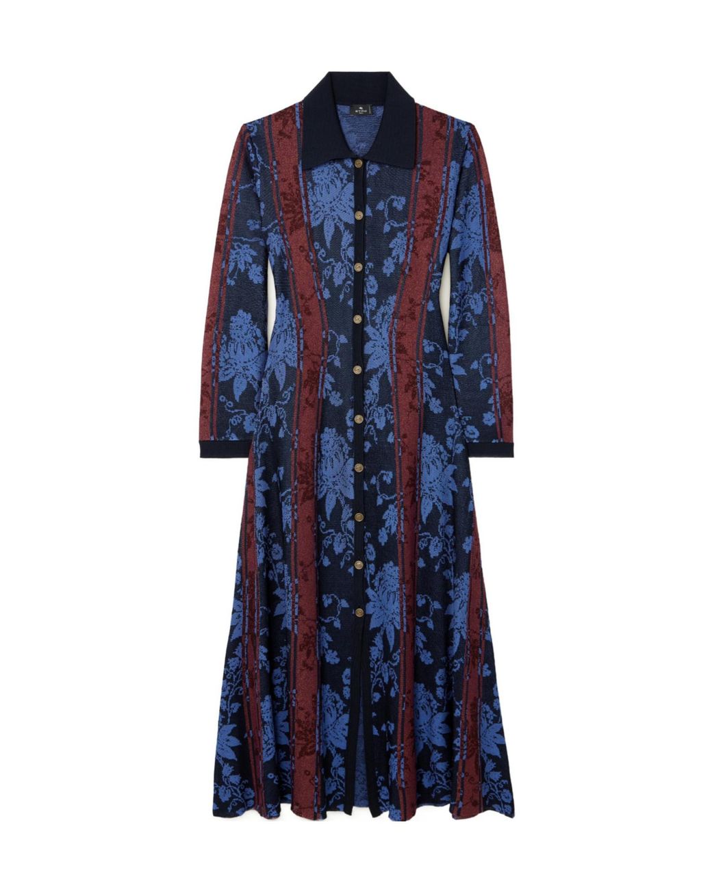 Etro Blue Floral Jacquard-Knit Midi Shirt Dress