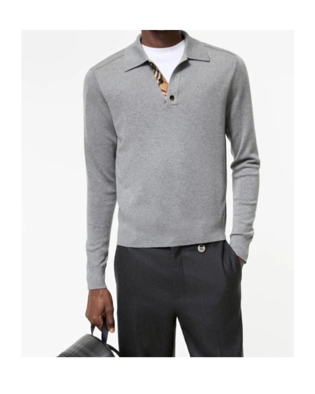 Burberry Gray Long Sleeved Knitted Polo Shirt for men