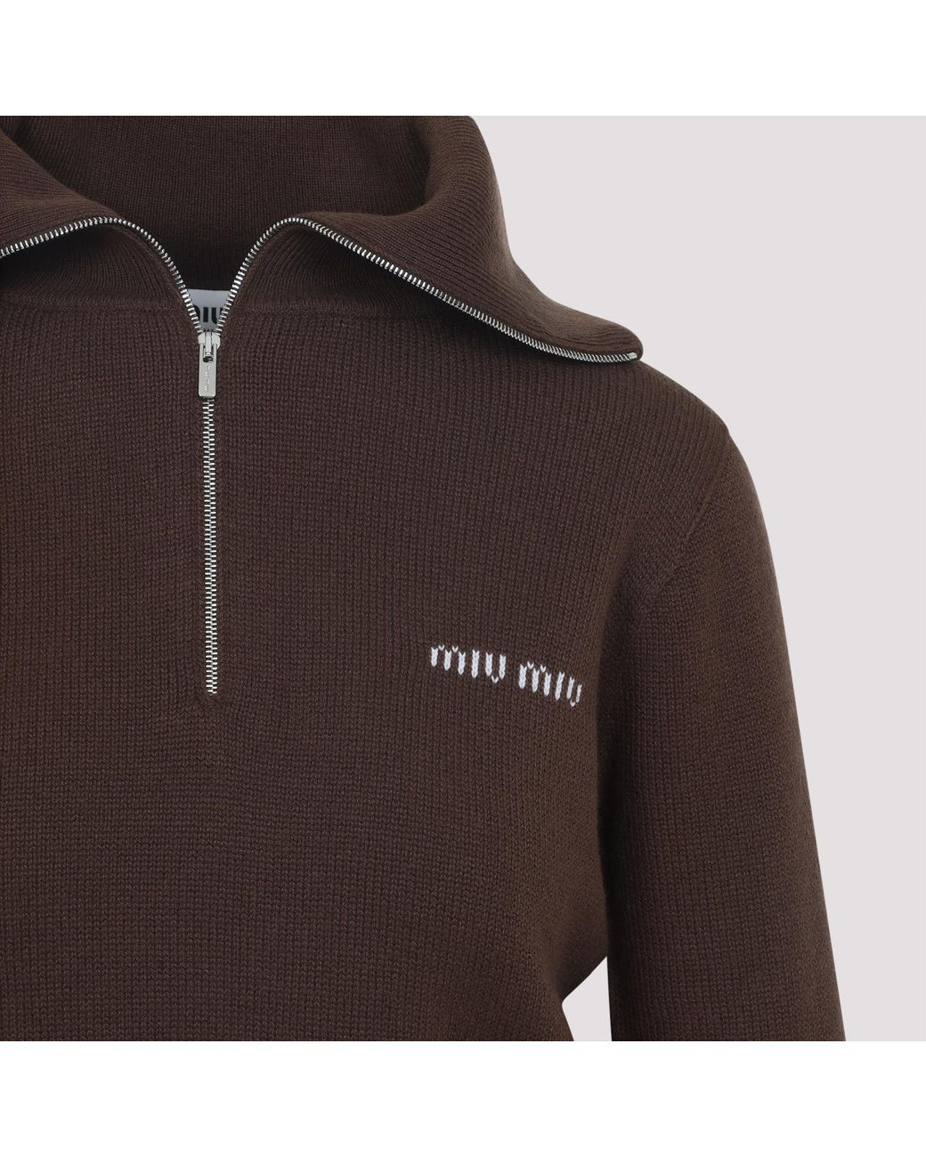 Miu Miu Brown High-Neck Zip-Up Sweater