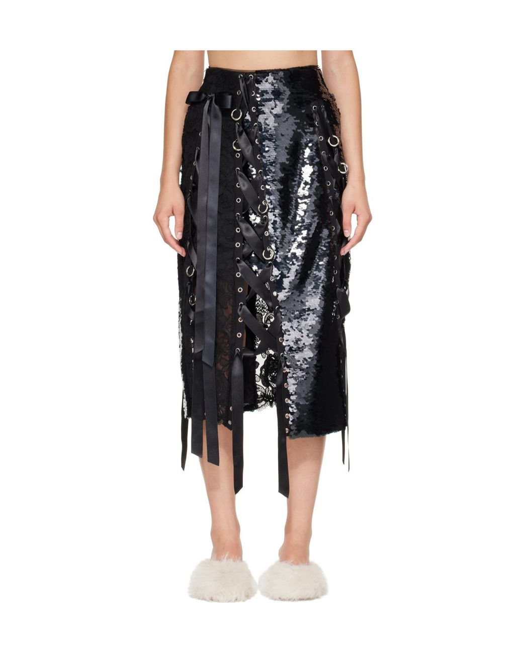 Simone Rocha Black Sequin-Embellished Lace-Patchwork Midi Skirt